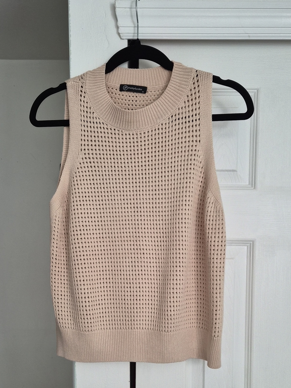 Sleeveless Open-Weave Knit Tank Sweater in Light Beige